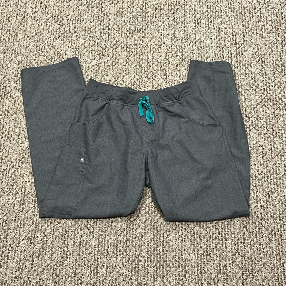 Figs Women's Dark Gray Scrub Pants with Teal Drawstring
